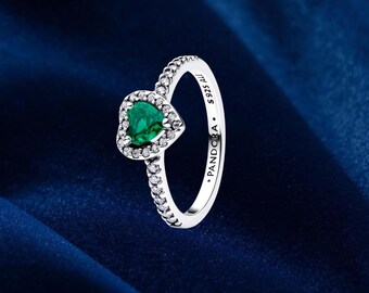 Anillo Corazón Verde Real Elevado, Plata de Ley, Anillos Llamativos, Regalo para Ella, Joyería para Mujer