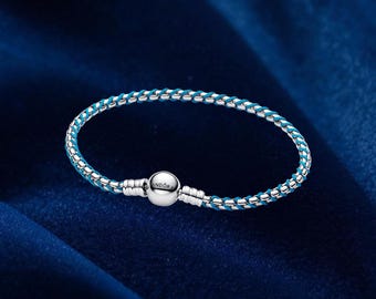 Blaue Kordel Schlange Kette Armband, Sterling Silber Bettelarmband, Damen Schmuck