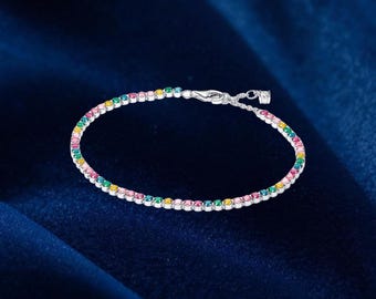 Regenbogen Tennis Armband, Sterling Silber, bunter Edelsteinschmuck