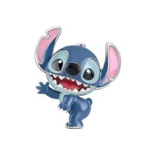 May include: A blue and pink enamel pin featuring the character Stitch from Lilo & Stitch. The pin shows Stitch waving with a wide grin, large black eyes, and pink-lined ears. The pin has a silver outline and is set against a white background.