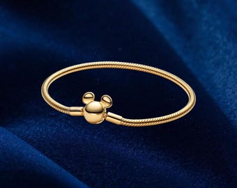 Pulsera de cadena de serpiente con cierre de Mickey Mouse, plata de ley, dije para pulsera, regalo para ella, joyería para mujer