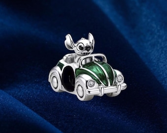 Stitch Car Charm, Silver Green Enamel Pendant, Bracelet Necklace Jewelry