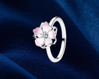 Anillo de flor de cerezo, plata de ley, anillos llamativos, regalo para ella, joyería para mujer
