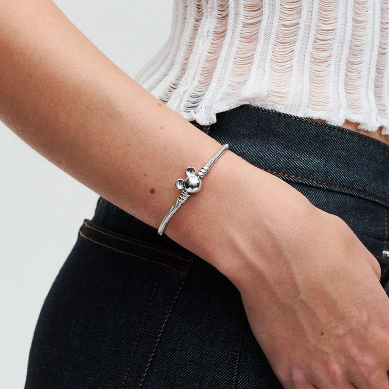 Disney Mickey Mouse Clasp Moments Snake Chain Bracelet , Sterling silver, Charm for Bracelet, Gift For Her, Women jewelry