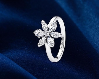 Anillo de cóctel Herbarium Sparkling Flower, plata de ley, anillos llamativos, regalo para ella, joyería para mujer