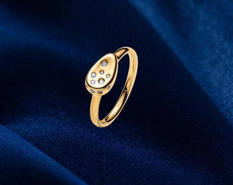 Anillo de sello ovalado mediano con piedras engastadas, plata de ley, anillos llamativos, regalo para ella, joyería para mujer