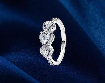 Anillo Halo Heart Trilogy, plata de ley, anillos llamativos, regalo para ella, joyería para mujer