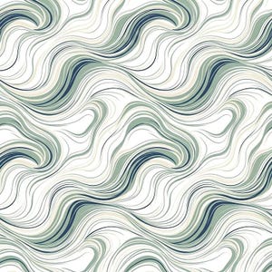 Peut inclure: Un motif textile répétitif composé de lignes ondulées fluides dans des tons de vert sauge, bleu marine foncé et crème sur un fond blanc éclatant. Le design présente des courbes continues qui créent une impression de mouvement et de profondeur.