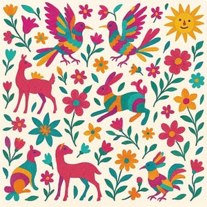 Peut inclure: Un tissu de couleur crème présentant un motif répétitif d'animaux et de plantes colorés. Le design comprend des cerfs roses, un lapin multicolore, des oiseaux aux plumes orange, bleu sarcelle et roses, un soleil jaune et diverses fleurs.