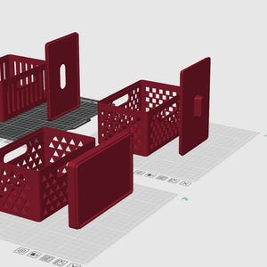 Puede incluir: Tres cajas de almacenamiento rectangulares de color rojo oscuro con tapas a juego. Cada caja presenta un patrón geométrico recortado en los lados y asas integradas. Las cajas se muestran sobre una interfaz de cuadrícula digital.