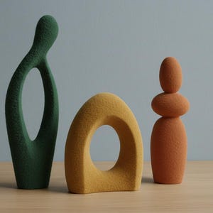 May include: Three abstract sculptures in shades of green, yellow, and orange. The green sculpture is tall and slender with a large oval opening. The yellow sculpture is a rounded arch with a circular opening. The orange sculpture is stacked oval shapes.