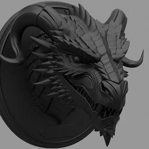 May include: A detailed, black dragon head sculpture mounted on a circular plaque. The dragon features intricate scales, sharp teeth, and curved horns. The sculpture is a dark, monochromatic piece, suitable for fantasy decor.
