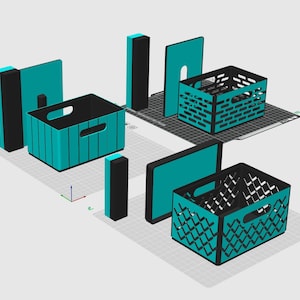 Puede incluir: Un renderizado 3D digital de dos cajas de almacenamiento rectangulares y sus paneles planos correspondientes. Las cajas presentan un esquema de color turquesa y negro con asas recortadas y patrones geométricos en los laterales.