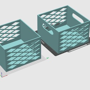 Puede incluir: Dos cajas de almacenamiento cuadradas de color azul claro con un patrón de celosía en forma de diamante en los lados. Cada caja cuenta con asas integradas en los bordes superiores y se muestra en una interfaz de modelado 3D digital con cuadrícula.