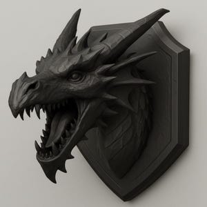 May include: A black dragon head wall mount with an open mouth, sharp teeth, and detailed scales. The dragon head is mounted on a shield-shaped plaque, creating a striking fantasy decor piece.