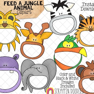 Nutri un animale della giungla ClipArt - Nutrire animali a bocca aperta - Elefante - Pappagallo - Zebra - Crea un gioco - Uso commerciale PNG