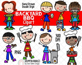 Backyard BBQ ClipArt -Doodle Boys Barbecue Clipart - Picnic Clipart - Backyard Cookout - Summer Clipart - Grill Party Food - Hand Drawn PNG