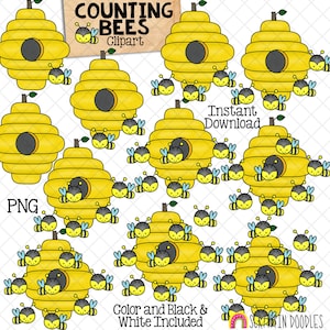 Bijen tellen rond Bee Hive ClipArt - Spring Bumble Bee Counting - Seizoensgebonden wiskundige graphics - Commercieel gebruik PNG