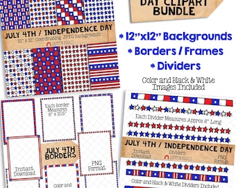 May include: A digital clipart bundle for July 4th or Independence Day featuring 12" x 12" backgrounds, borders, and dividers in red, white, and blue with stars and stripes patterns. The clipart is in PNG format and includes color and black and white versions.