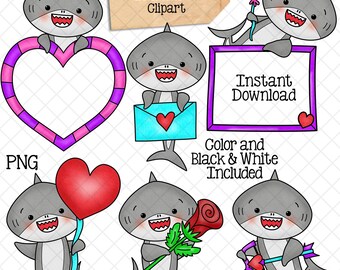 Imágenes prediseñadas de tiburones del Día de San Valentín - Imágenes prediseñadas de tiburón gris - Tiburón bebé - Sublimación PNG de uso comercial