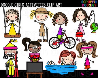 Doodle Girls Activities Clip Art - Cute Commercial Use Activity Kids Clipart, Active Kids Stick Figure Graphics {Scrappin Doodles Clipart}