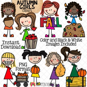 Clipart automne - Doodle filles automne amusant clipart - ferme - gland - tas de feuilles - citrouille - cueillette de pommes - usage commercial PNG - sublimation