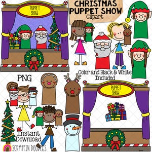 Clip Art de Show de Marionetes de Natal - Marionetes - Elfo - Papai Noel - Rena - Boneco de Neve - Pão de Mel - Palco - Crianças com Marionetes - Uso Comercial