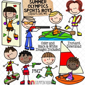 May include: Clipart set of 8 stick figure boys participating in summer olympic sports. The sports include rock climbing, shooting, rowing, rugby, skateboarding, and sailing. The clipart is in color and includes black and white versions. The text "Summer Olympics Sports Boys Clipart Set #5" is at the top of the image. The text "Color and Black & White Images Included" is in the middle of the image. The text "Instant Download" is on the right side of the image. The text "PNG" is in the bottom left corner of the image. The text "Scrappin Doodles" is in the bottom right corner of the image.