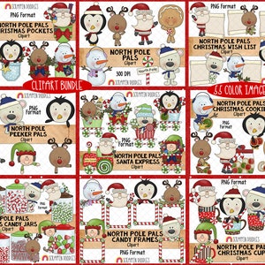 North Pole Pals Clipart BUNDLE - Christmas Clipart Bundle- Reindeer - Santa Claus - Gingerbread - Instant Download - Hand Drawn PNG