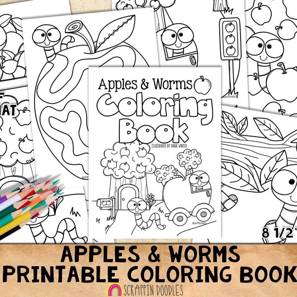 Apples and Worms Coloring Book - Kids Coloring Pages - Printable PDF