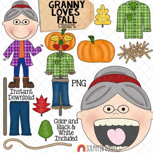 La vieille dame a avalé des feuilles Clip Art - grand-mère aime les graphiques d'automne - usage commercial PNG