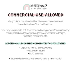 May include: A pink and green rainbow graphic with the text "Scrappin Doodles by Dana Winter Designs" and the text "Commercial Use Allowed". The text below explains that the graphics are intended for small home businesses, home-based crafters, and teachers. The text also explains that additional licensing is needed for digital planners, scrapbooking, moveable pieces, and no credit use. The text ends with "Please see my shop licenses for more information."