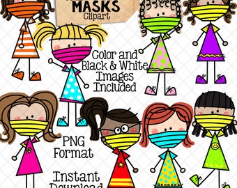 Girls Wearing Masks Clip Art - Doodle Girls - Stick Figure Graphics - Commercial Use PNG
