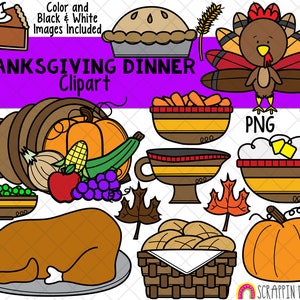Imágenes prediseñadas de la cena de Acción de Gracias - Gráficos de comida de Acción de Gracias - Cena de pavo - Imágenes prediseñadas de Cornucopia - Descarga instantánea - Pavo asado - Calabaza