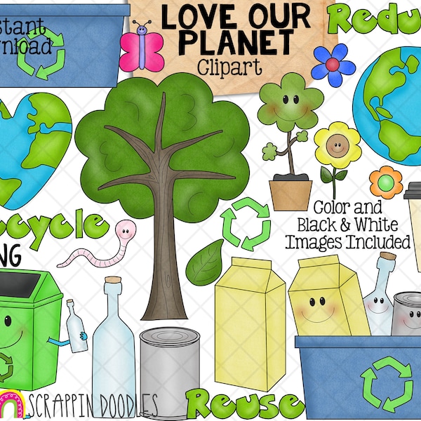 Love Our Planet Clipart - Earth Day -  Environment - Recycling - Reduce Reuse Recycle Graphics - Eco Friendly PNG