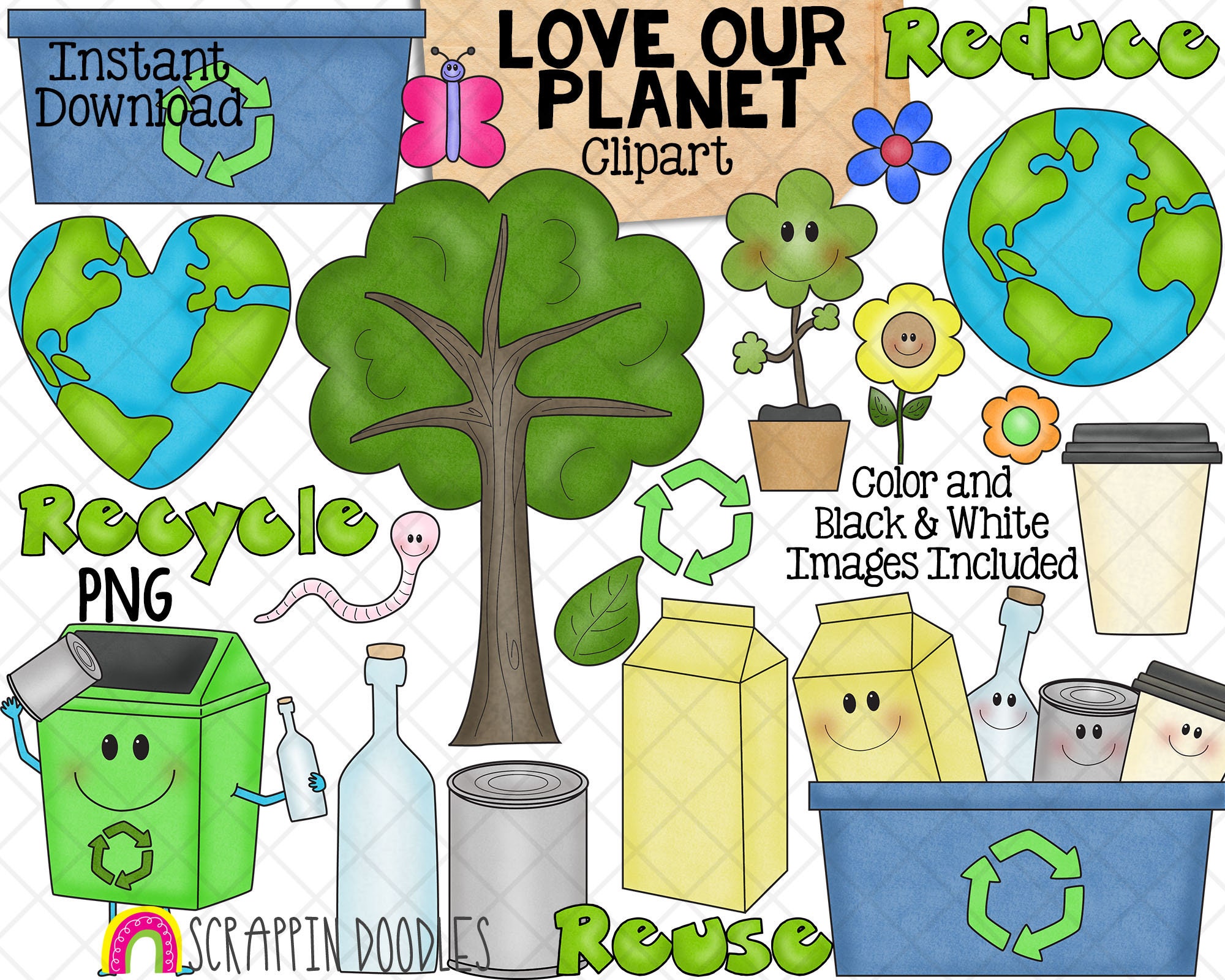 Love Our Planet Clipart - Earth Day -  Environment - Recycling - Reduce Reuse Recycle Graphics - Eco Friendly PNG