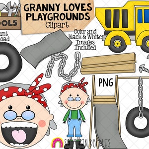 Image clipart vieille dame avalé un camion - PNG dessinés à la main - grand-mère aime les aires de jeux