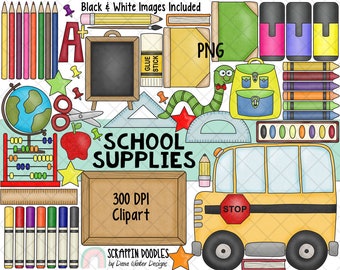 Clipart scuola - Materiale scolastico - Ritorno a scuola ClipArt - Educazione - Classe d'arte - Scuolabus, Lavagna, matite, Studente, Insegnante