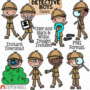 Detective Clip Art - Doodle Boys Detectives - Spy Graphics - Private Investigator - Sleuth - Sherlock - Following Clues - Commercial Use PNG