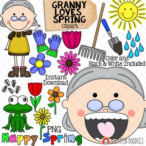 Vieille dame a avalé une grenouille Clip Art - grand-mère aime les graphiques printaniers - usage commercial PNG