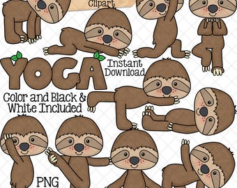 Sloth Yoga ClipArt - Cute Sloths Posing Graphics - Stretching - Exercise - Commercial Use - PNG