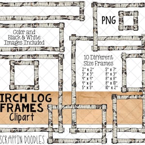 May include: Ten different sizes of birch log frames in black and white. The frames are in PNG format and include color and black and white images. The sizes are 2x2 inches, 3x3 inches, 4x4 inches, 4x6 inches, 5x5 inches, 5x7 inches, 8x3 inches, 8x8 inches, 8x10 inches, and 10x2 inches.