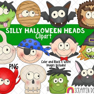 Silly Halloween Heads ClipArt - Halloween Clipart - Halloween Costumes - Witch - Black Cat - Vampire - Zombie - Werewolf - Mummy - PNG