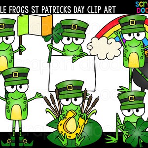 Peut inclure: Ensemble de clipart de grenouilles vertes habillées en lutins pour la Saint-Patrick. Les grenouilles tiennent un trèfle, un pot d'or, un drapeau, un fer à cheval et une pancarte. L'ensemble comprend également un arc-en-ciel et un nuage.