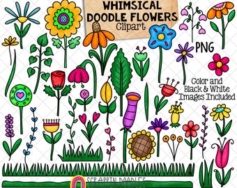 Whimsical Doodle Flowers ClipArt - Spring Summer Flower Scene Creator - Commercial Use PNG