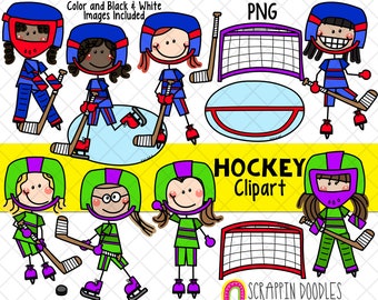Hockey Clipart - Mädchen spielen Hockey Clipart - Torhüter - Hockey Mädchen - Hockey Netz - Hockeyschläger - Hockey Puck - Mannschaftssport - Hand gezeichnet