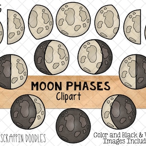 Mondphasen Clipart - Mond Clip Art - Neumond Grafiken - Vollmond - Zunehmender Halbmond - Abnehmender Gibbous - Sublimation - Handgezeichnete PNG