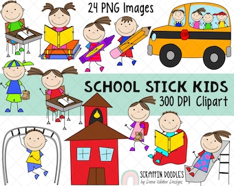 School Stick Kids Clip Art - School Children - Elementary School Students - Kids Playing - School Bus -Recess Sublimation Graphics