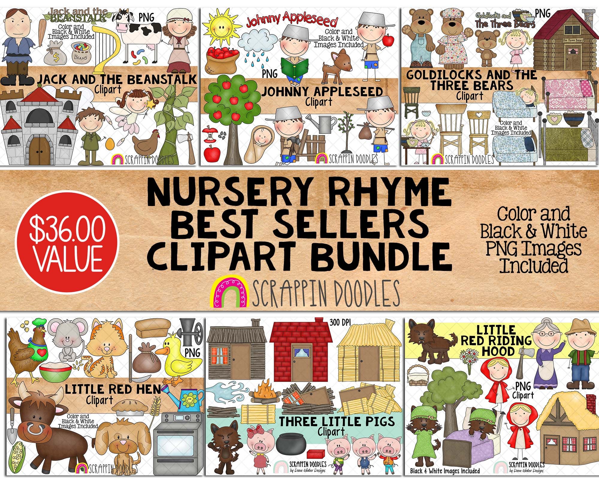 Nursery Rhyme Best Sellers Clipart Bundle Children's Stories Sublimation  Commercial Use PNG 