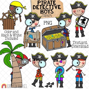 Clipart détective pirate - Doodle garçons Clip Art - enfants - détectives - carte au trésor - suspect - espionnage - enquêteur - indices - PNG